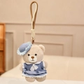 Cute brown plush teddy bear keychain wearing a dark blue dress with lace hat - British Style Denim Skirt / 15cm Pendant