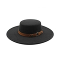 Classic black wool felt boater hat with a brown leather belt buckle detail on white backdrop - M(56-58cm) / Black