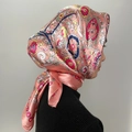 Pink orange satin square headscarf with floral paisley print and silky finish - #25 Pink Paisley