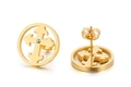 Orecchini a perno con croce dorata e zircone lucido in una cornice tonda boho - Croce Cava Rotonda d'Oro con Zirconia (KE83112-KC)