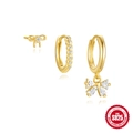 Conjunto de pendientes de plata 925 dorada con lazos y aros de circonitas blancas - Conjunto de joyas de mariposa / Dorado