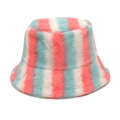 Detail of plush rainbow striped bucket hat with soft faux fur texture in pink and blue - M (56-58cm) / Pink White Blue (5#)