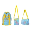 Three jelly-colored mesh beach bags in light blue with yellow straps for kids toys - Light Blue Mesh Bag 3-Piece Set (Shoulder+Bucket+Handbag)