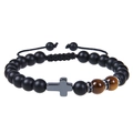 Bracciale in agata nera 8mm con pietre occhio di tigre e ciondolo croce in metallo - Occhio di Tigre Giallo / Biglietto di Benedizione