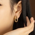Elegant gold U-shaped hoop earrings with twisted rope texture and crystal accents - Twisted Rope Texture Rhinestone Earrings (E816-GO)