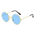Retro-Rundsonnenbrille aus Goldmetall mit blauen Gläsern im 45-Grad-Winkel gezeigt - Goldener Rahmen Blaue Gläser