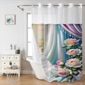 Detail of luxury shower curtain featuring floral digital print and silver metal grommets - SYL-2 Luxury Blue Drape Rose (Single Curtain)