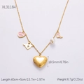 Collar bañado en oro 18K con dijes de corazón rosa, candado alado y perlas, tamaño 19,5mm - XL31184/Collar de Múltiples Dijes con Corazón de Ojo Rosa y Cerradura con Alas