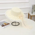 Creamy white woven straw sun hat with delicate lace trim and long elegant bow ribbon - Flat Top Lace Knot - Creamy White