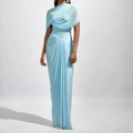 Elegant light blue long dress with ruched details and a flowing chiffon waistline - S / Sky Blue