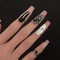 Gothic punk nail ring set featuring silver lava textures and cross star bone details - Gothic Dark Armor 4pcs Set (9837)