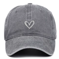 Detailed view of grey washed cotton baseball cap with white heart embroidery design - Adjustable / Gray