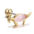 Detail view of a golden dinosaur stud earring with a pink gem and screw-back ball closure - Dinosaur (Pink)