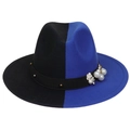 Detail view of two-tone wool felt fedora featuring pearls and floral decorations - Black Blue With Pearls