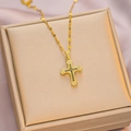 Golden titanium steel necklace with a vintage cross pendant set with black and white stones - 6043 Cross Black White Zircon / Gold