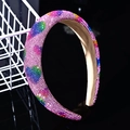 Detail of pink sponge headband with colorful rhinestone hearts and beige lining - Pink Colorful Rhinestone Heart