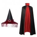 Dettaglio del set Halloween con cappello da strega e mantello nero e rosso con colletto - Cappello in Garza Rossa + Set Mantello Collo Alto 80cm