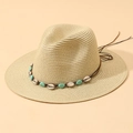 Cappello di paglia beige con perline turchesi e nastro di conchiglie stile bohémien - M (56-58cm) / Beige
