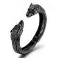 Matte black stainless steel viking twin wolf head hinged open cuff bangle for men - Matte Black Wolf Head (KB137074-BDJX)