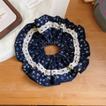Floral scrunchie in navy blue with white lace edges, cute pastoral style hair accessory - Scrunchie / Blue - Floral
