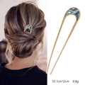 U-shaped gold hair pin with blue marble textured resin finish and 10.1cm length - U-Shaped: Gold with Black/White Shell Pattern