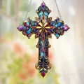 Baroque style colorful acrylic cross suncatcher with golden embossed frame hanging - Baroque Cross-OPP Bag