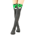 Detail of grey over-knee knitted socks featuring green satin bows and white fur pom-poms - One Size / Green Bowknot With White Pompom / Dark Gray