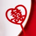 Red heart-shaped felt Double Happiness cake topper for weddings, 10 pieces pack - Acrylic Heart Double Happiness 10Pcs