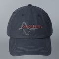 Detail of red OPPORTUNITY embroidery on a washed cotton navy blue baseball cap - Navy Blue