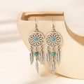Silver dreamcatcher earrings with turquoise beads and metallic feather pendants - E3201-5 Turquoise Dreamcatcher