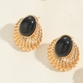 Vintage gold drop earrings with oval black turquoise stone and scalloped shell texture - Black Pearl