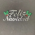 Silver glitter Feliz Navidad hanging ornament with red berries and green leaves - Flat Style with Leaves / 14cm / Silver