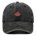Washed black denim baseball cap with vibrant watermelon slice embroidery on the front - One Size / Black
