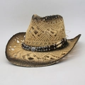 Classic straw cowboy hat with bohemian beaded band and brown gradient brim on white background - Beige-Black