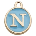 Golden round pendant with light blue enamel finish featuring a central letter N - Letter N / 1 Piece (12x14mm) / Lake Blue