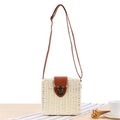 Minimalist beige woven straw crossbody bag with brown faux leather flap and metal buckle - Milky White