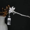 Silver lily hair pin with pearl accent and three dangling tassels for Hanfu style - Lily Pearl Butterfly Tassel (F612)