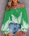 Detail of off-shoulder neckline with drawstring tie and green leaf print patterns - S / Green Leaf