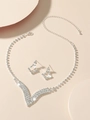 Elegant silver heart necklace and square rhinestone earrings jewelry set in shimmering finish - DTN14026067S-V-Shaped Square Geometric Style