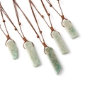 Five woven necklaces with rectangular light green natural stone pendants and brown cords - Amazonite