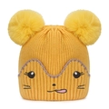Cute yellow knit kids beanie with double faux fur pom-poms and cartoon embroidery - One Size / Yellow