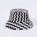 Detail of plush black and white checkerboard bucket hat with soft knitted texture - M (56-58cm) / Black