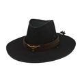 Western cowboy sun hat in black with a bull head emblem and brown studded leather strap - One Size / Black (Gold Bull Head)