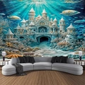 Dettaglio dell'arazzo con castello sottomarino, coralli colorati e pesci tropicali - 300x230cm / Castello Subacqueo Fantastico