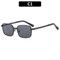 Classic black square sunglasses featuring a unique metallic chain link temple design - Black Frame Grey Lens