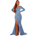 Light blue long sleeve sequin evening dress with high slit and mermaid hemline - S / Sky Blue