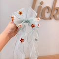 Light blue mesh bow hair clip with small felt flowers and wavy edges for girls - Green