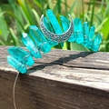 Handmade boho crown headband with blue crystals and silver crescent moon accessory - Green Crystal with Silver Wire & Moon