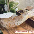 Beige 6.3cm Christmas burlap ribbon with gold snowflake patterns, 10 yards length - 6.3cm Cotton Gold Stamping Snowflake 10 Yards
