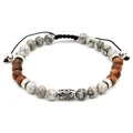 Adjustable men's beaded bracelet with tiger eye, wood beads and marble stones - Map Stone Style (B066)